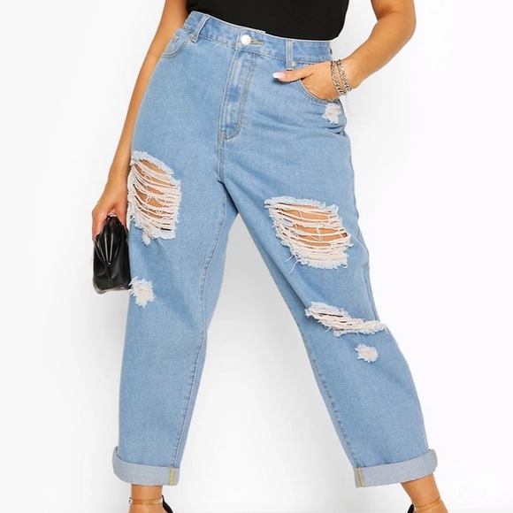 Boohoo Plus Denim - Women’s High Waisted Distressed Ripped Mom Jeans